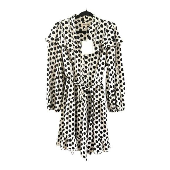 DVF Chicago Polka Dot Midi Dress NWT Size 12 Black Ivory Ruffle Cotton - Picture 4 of 7